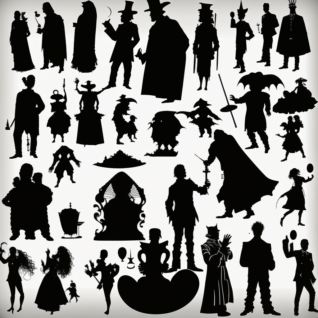 silhouettes of swindlers, monks, demons, mythological characters ...