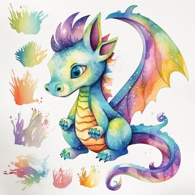 Cute Rainbow Dragon Watercolor Clipart