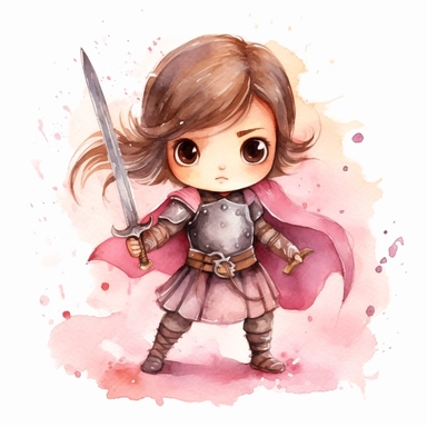 Clipart of a cute little girl brave warrior. She is brunette, braid hair, with black big eyes. The background is simple watercolour. Cute and modern knight outfit. full body. pink and black. Fighting pose