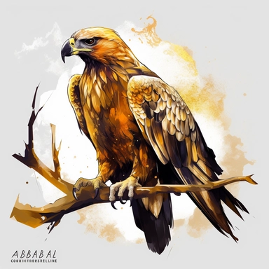vector art, logo design, Golden Eagle on the branch drawing,Golden Eagle on the branch clipart, transparent background, 4k quality, flawless drawing , Alebrije, abstract, Illustrators, by Sabbas Apterus