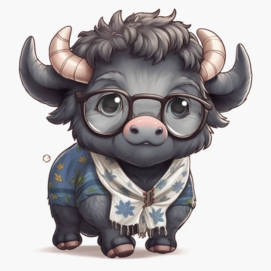 kawaii adorable cape buffalo wearing cute glasses, nursery art, clipart image, line art image, white background, inspired by yoshitaka amano art, very detailed, 8k