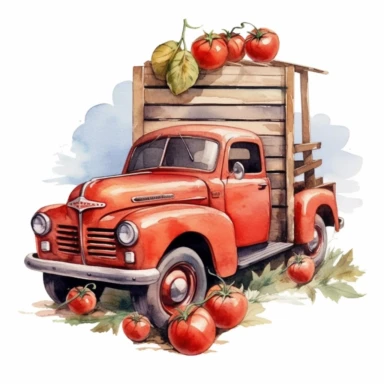 tomatoes on a wooden hanger, watercolor clipart & clip art, in the style of light red and dark gray, narrative paneling, classic american cars, uhd image, hand lettering, depiction of rural life, wood