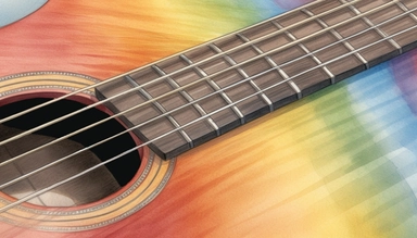 ultra sharp clip art illustration of an classic guitar, extreme macro closeup, zoomed in, low angle, rainy waters, black scaled with watercolor pencil, realistic drawing ink, pale rainbow colors, HD, UHD resolution, 8k