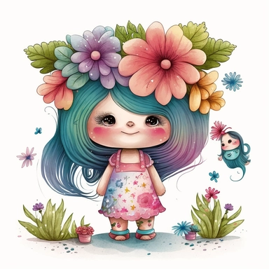 watercolour cute hairdresser style pink little troll girl, summer troll character at the seaside, whimsical, adorable, cute, flowers, full image, big cute adorable eyes, Clipart style, white background