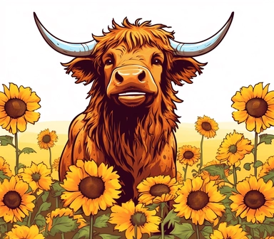 Highland cow playing in a field of sunflowers, full body, clip art, detailed, cute, bold, bright, colorful, vector art, clean, neat, white background