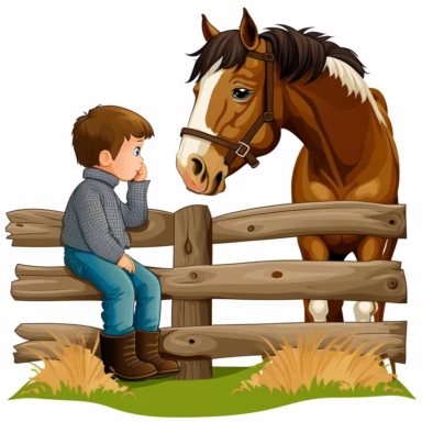 This prompt will generate high quality and BEAUTIFUL clipart of a brown Horse eating hey by barn 10 year old, brown haired, boy sitting on fence post, farm in background that you can use as designs fictional book Samson talking to Henry