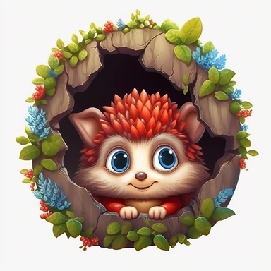 adorable hedgehog with bright eyes and a curious expression. peeking out from a cozy hole in a tree trunk, surrounded by moss, mushrooms, Fairytale Cartoon Art Style, Full Body Image and Appearance, 3D-Designed Character, in style of clipart with no background