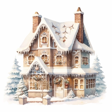 stunning gingerbread house in snow, soft faded colors, Christmas clipart by Thomas Kinkade, Marjolein bastin