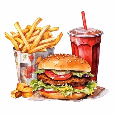watercolor style clipart featuring different fast food items, specifically a burger and cola