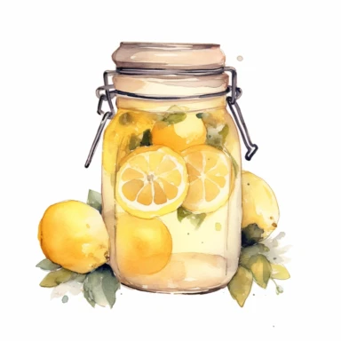 a watercolor clipart, vector of a honey jar with lemonade in the style of vintage imagery, decorative paintings, subtle shading, nature core, cottagecore, muted colors, craftcore, on a white background, uhd image