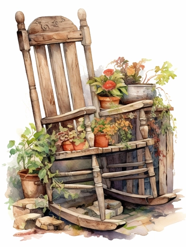 watercolor, vintage, country, beautifully carved, extreme detail, wood rocking chair in the garden with flower pots next to it on the ground, beautifully carved arm rests and on white background, clip art