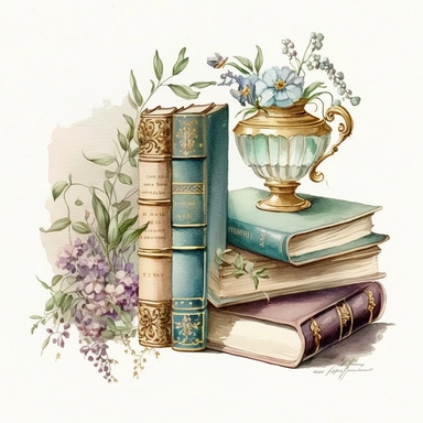 watercolored image of antique books , on a shelf , with decorative borders , flowers and golden glass fixtures next to the books ,light purple color , light blue colors , light green , brown and tan, clip art , white background