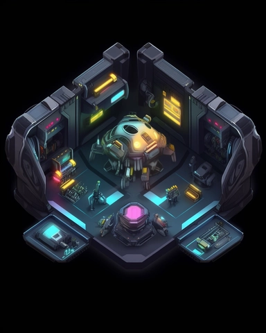 isometric perspective, game sprite, futuristic small spaceship hanger concept, gaming asset, sci-fi, fun, creative, cartoon, clipart, hyper-detailed, black background,