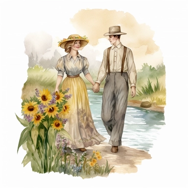 engaged couple from the country in the early 20th century are walking holding hands alongside a small river that has sunflowers, wildflowers and lavender growing nearby watercolor clipart no fonts no letters no words