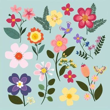 blooming flowers clipart, spring clipart, in the style of Disney, single design, 8k