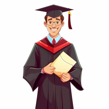 Male student graduating happily wearing academic attire, gowns or robes and graduation caps and holding diplomas, vector, clip art, single design, clean line, white background
