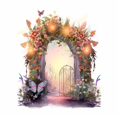 clipart, A charming blur fairy farm gate nestled amidst flowers, with twinkling lights and an inviting entrance, isolated on a white background with a wide margin.