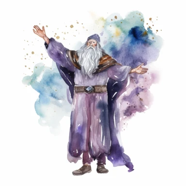 Medieval bearded merlin magician with arms upraised looking up toward the sky creating a storm in the sky with bright energy around him watercolor clipart no fonts no words no letters