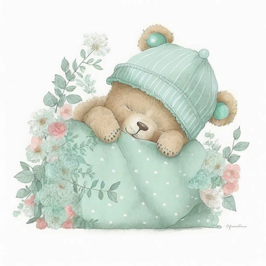 an ultra Cute little newborn baby teddy bear wearing mint green shabby chic floral traditional classic pyjamas and bedtime hat lying on a mint green pillow and blankets watercolour, cute,, bedtime, sleepy, dreamy, isolated on white background, Clipart