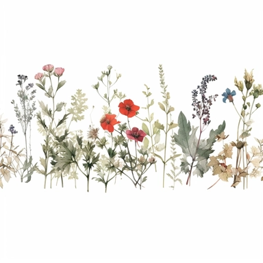 Pressed boho wild flowers cottagecore vintage botanical pastel floral nature flower garden with seamless border, clipart with white background –ar 293:151