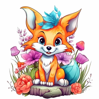 Cute happy baby fox, fairy tale, vibrant colors, Clipart Graphic, disney coloring page, graffiti, white background, 8k, hd