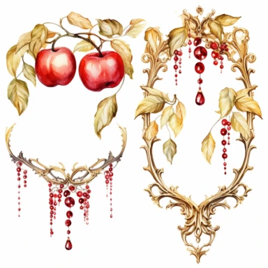 gold leaf and red apple frames, rococo, icicles, watercolor clipart