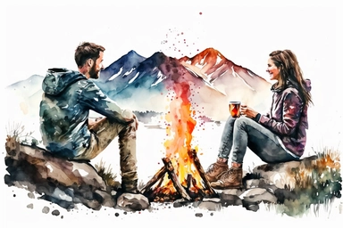 watercolor and pencil, camping, happy couple is sitting on opposite side of the camp fire and looking at each other, beautiful mountain behind, white background, isolated clipart, vibrant colors
