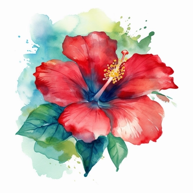A watercolor painting of a red hibiscus flower with a blue and green background, Watercolor clipart, isolated on white background