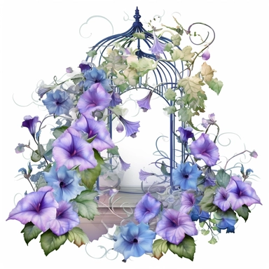 a captivating clipart-style image that transports us to a whimsical vintage flower garden. The focal point of this enchanting scene is a cluster of bluish-purple morning glories in full bloom. These delicate flowers, with their trumpet-like shape, cascade down a trellis covered in lush green vines, creating a mesmerizing display. The garden is abundant with an assortment of other vintage blooms, such as romantic roses, dainty daisies, and vibrant pansies, lending an air of diversity and richness