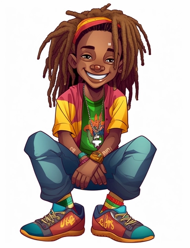 cute cool smiling black boy with wild colorful dreadlocks, sitting, chibi style, jewelry, hip hop clothing, hands in pocket, clipart, whole body, white background,