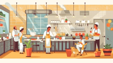 clipart of a scene of a kitchen staff working together in a restaurant kitchen, Alegria style, corporate memphis style, flat art, bold colors, upbeat, happy, expressive, friendly, high resolution, 8k