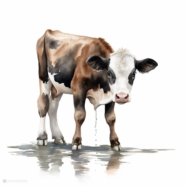 A clipart watercolor of an adorable baby cow, cow drinking water, hyper - realistic cow, realistic animal illustration, illustration by zowiemnzad, in the style of uhd image, depictions of realistic animals, farm aesthetics, 8k, hyper - detailed, ink on canvas, digitally enhanced, clean white background, full body shot