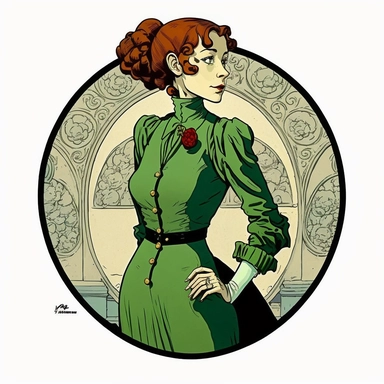 young woman mouse in a green suit Basil Wolverton, Dungeons & Dragons, waterpaint art nouveau fashion poster, clipart illustration, circle white background, circle border
