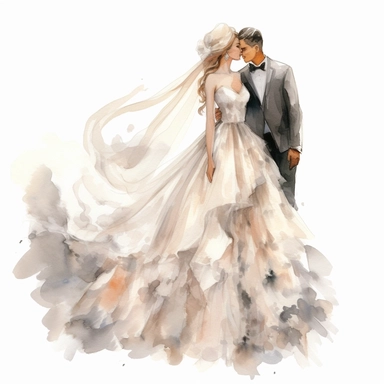 amazing detailed watercolor clipart of a bride with a beautiful couture dress and long veil and a groom, solid white background, clean sharp focus