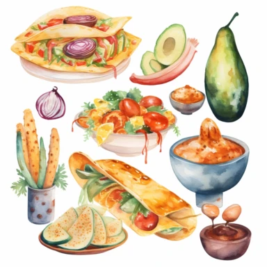 mexican food theme watercolor clipart white background
