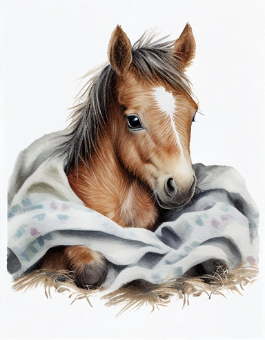 baby horse in a blanket, watercolor clipart, transparent background,