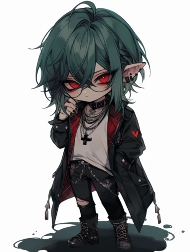 chibi, simple, anime boy, messy dark green hair, red eyes, sharp teeth, choker necklace, grey black striped sweater, black pants, hair clip, goth, punk, red, gothic, lip ring, round glasses, pointed ears, vampire, black jacket, full body, man, male, tattoos