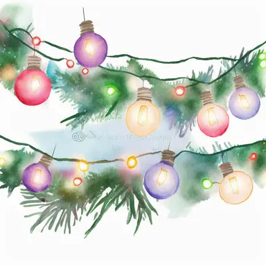 christmas lights garland, clipart, watercolor, white background