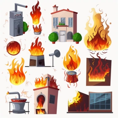 Fire fired house with burnt door fiery smoky kitchen in hot flame blaze illustration set of lighter and fireplace on white, cartoon, vector, sharp focus, super detailed, illustration, 16:9, v4, q2, 16k, High quality, clipart