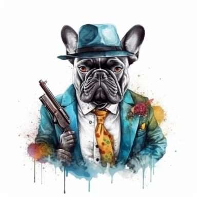 mafia boss french bulldog with a gun, watercolor clipart, minimalist, bright colors, isolated white background, 8k