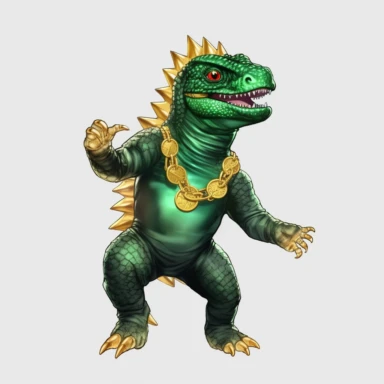 baby Godzilla, looks like Michael Jackson, doing dance steps, wearing a miami heat basketball jersey, wearing a gold pendant with a gold bitcoin on it, wearing hip hop style black satin pants and a green iridescent silk shirt, techno lighting, clipart on plain background