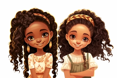 Two beautiful African American child, black chubby cheecks, showing their artistic braided long hair fashioned, slightly smiling, clipart, nouveau style