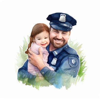 watercolour clipart, police man father hug daughter in grass, smile, realistic, cute,