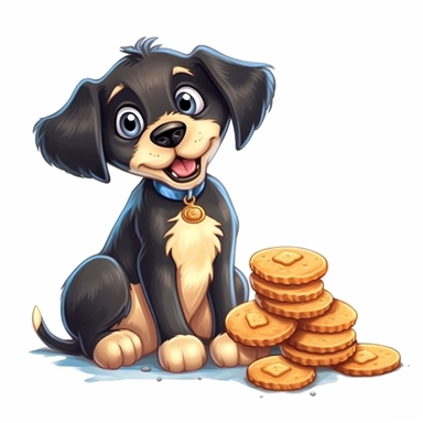 Cartoon black dog with cookies clipart, high detail, illustration style, high solution, on the white background