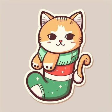 vector sticker design, anime style, unique Christmas cute cat in sock shanta christmas clipart, white background, flat colors