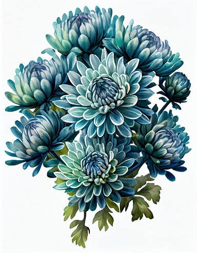 detailed vibrant watercolor round bouquet of 8 pieces arctic blue chrysanthemum flower , isolated on white background, realistic, clipart