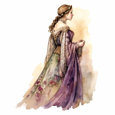 In this watercolor clipart, a somewhat side view of a medieval beautifully dressed young lady of high nobility takes center stage. Her elegant attire reflects her noble status, with intricate details and luxurious fabrics that drape gracefully around her figure. The vibrant colors of the watercolor bring the scene to life, capturing the essence of the medieval era. Adorned with fabulous jewelry, the young lady exudes opulence and refinement. Sparkling gemstones, delicate pearls, and intricately 