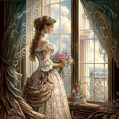 beautiful lady, very detailed, wearing beautiful dress, standing by large victorian window, looking out the window, beautiful romantic bouquet of flowers, beautiful crystal ornate vase, sitting on table with decorative tablecloth, infront of large victorian window with beautiful flowing curtaings, soft colors, crisp colors, ribbon, very detailed, fantasy, romantic, clipart style