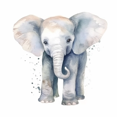 A delightful and charming watercolor clipart of an adorable baby elephant, designed for commercial use. This heartwarming composition captures the innocent charm of the African Safari Zoo animal, set against a crisp white background that accentuates its delicate watercolor textures and playful features. The baby elephant, with its gentle eyes and playful trunk, is skillfully painted in a soothing palette of grays and pastels, encapsulating the essence of nursery-themed art. The clipart emphasize
