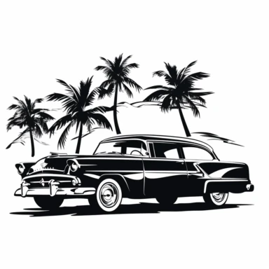 classic car with hawaiian backdrop clipart, full body view, comic style illustration, in the style of stencil-based, one color solid-crisp-black vector on white, thick outline style